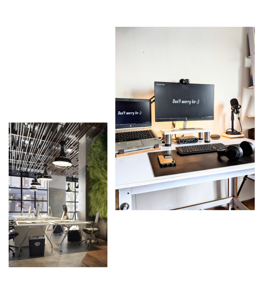 collage of computer desk and open floorplan office space